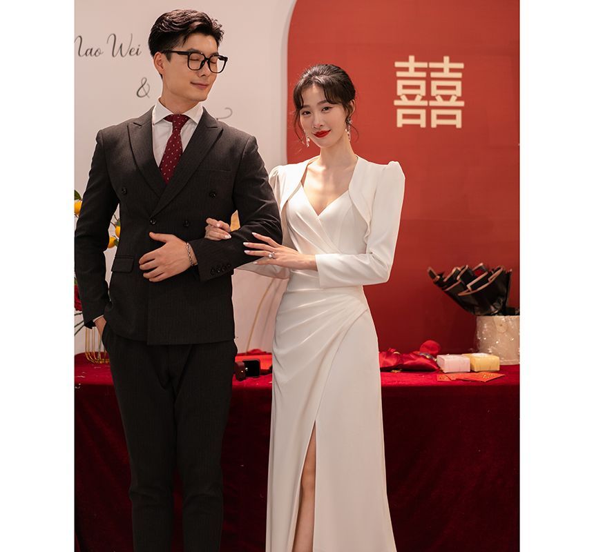 Strap Ruched Slit / A-Line V-Neck Wedding Spaghetti Gown Wrap Bolero Plain Set FashionChic