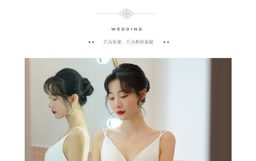 Strap Ruched Slit / A-Line V-Neck Wedding Spaghetti Gown Wrap Bolero Plain Set FashionChic