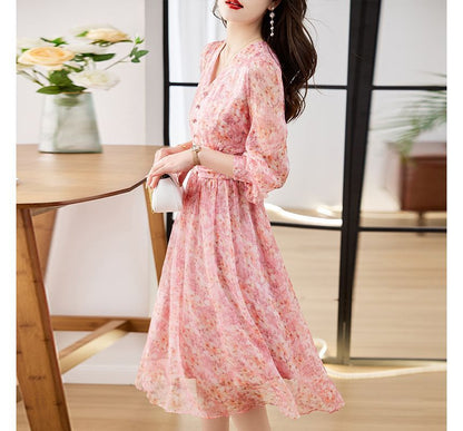 Long-Sleeve V-Neck Floral Print Button Midi A-Line Dress mySite