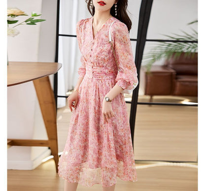 Long-Sleeve V-Neck Floral Print Button Midi A-Line Dress mySite