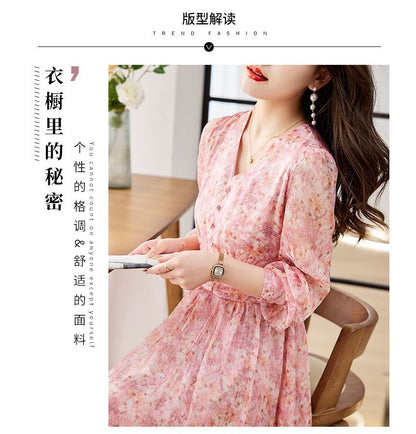 Long-Sleeve V-Neck Floral Print Button Midi A-Line Dress mySite