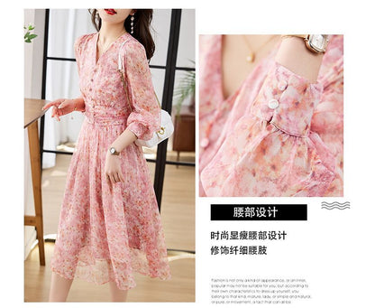 Long-Sleeve V-Neck Floral Print Button Midi A-Line Dress mySite