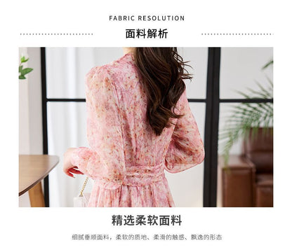 Long-Sleeve V-Neck Floral Print Button Midi A-Line Dress mySite