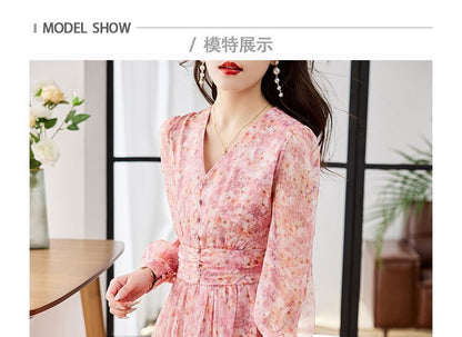 Long-Sleeve V-Neck Floral Print Button Midi A-Line Dress mySite