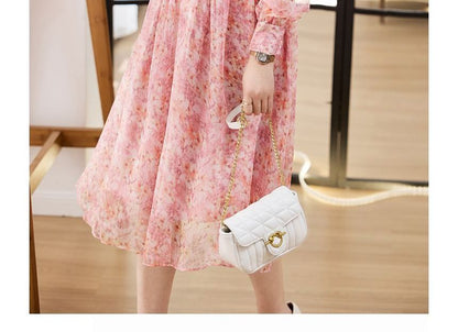 Long-Sleeve V-Neck Floral Print Button Midi A-Line Dress mySite