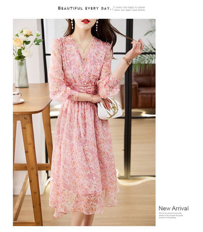 Long-Sleeve V-Neck Floral Print Button Midi A-Line Dress mySite