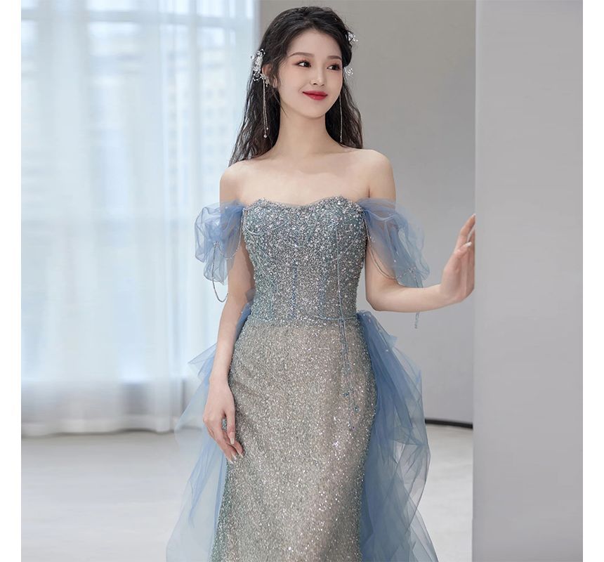 Short-Sleeve Off Shoulder Gradient Sequin Panel Mesh Mermaid Evening Gown SpreePicky