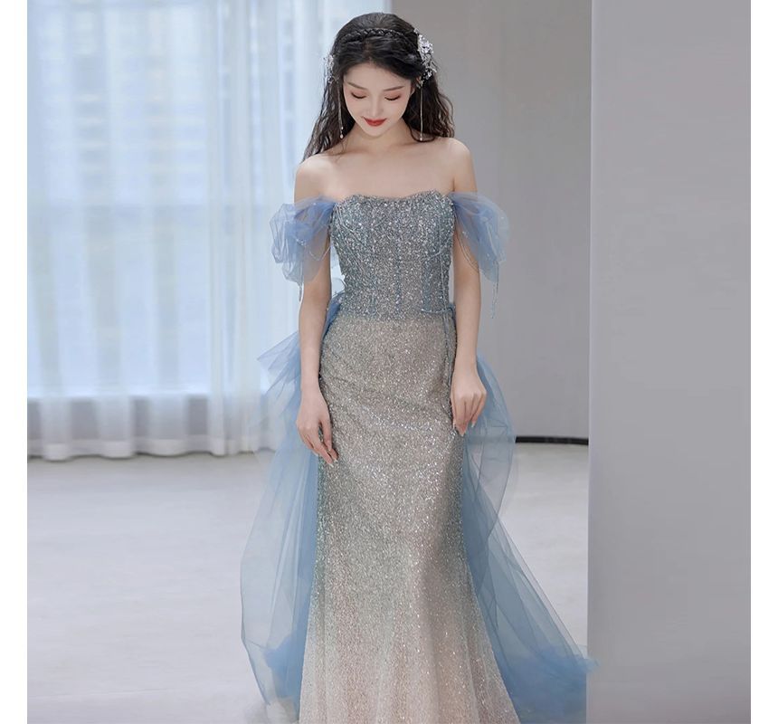 Short-Sleeve Off Shoulder Gradient Sequin Panel Mesh Mermaid Evening Gown SpreePicky