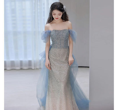 Short-Sleeve Off Shoulder Gradient Sequin Panel Mesh Mermaid Evening Gown SpreePicky