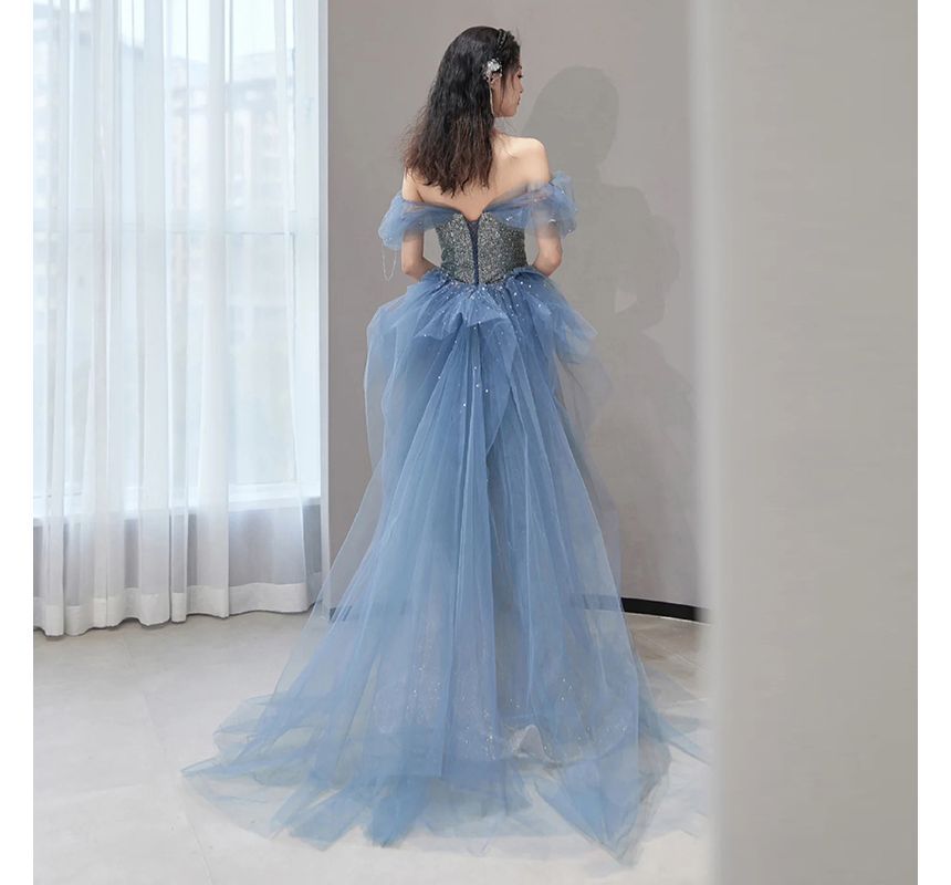 Short-Sleeve Off Shoulder Gradient Sequin Panel Mesh Mermaid Evening Gown SpreePicky