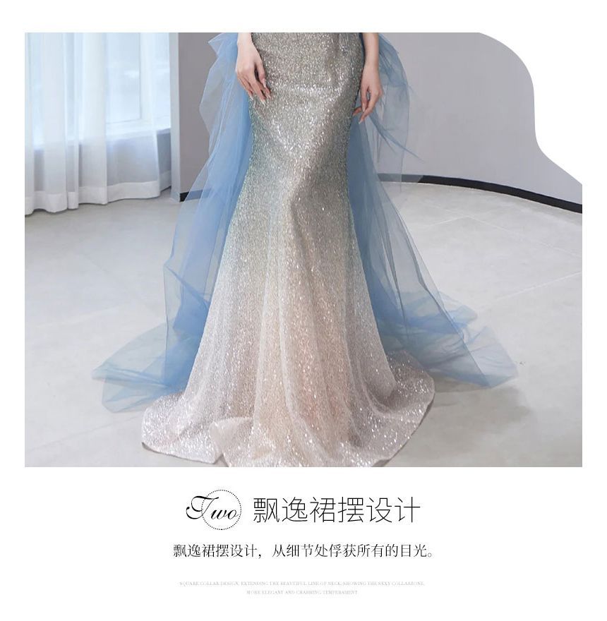 Short-Sleeve Off Shoulder Gradient Sequin Panel Mesh Mermaid Evening Gown SpreePicky