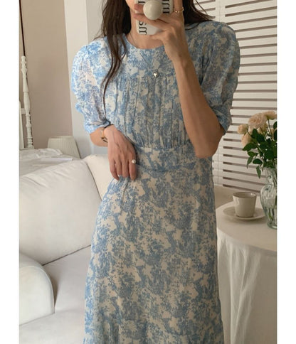 Short-Sleeve Crew Neck Floral Print Ruched Midi A-Line Dress mySite