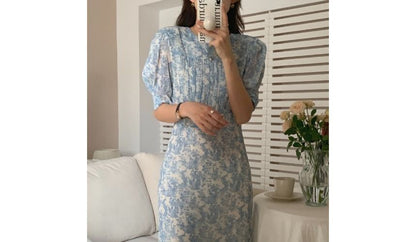 Short-Sleeve Crew Neck Floral Print Ruched Midi A-Line Dress mySite