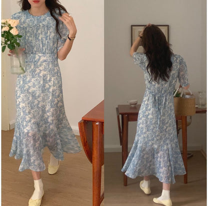 Short-Sleeve Crew Neck Floral Print Ruched Midi A-Line Dress mySite