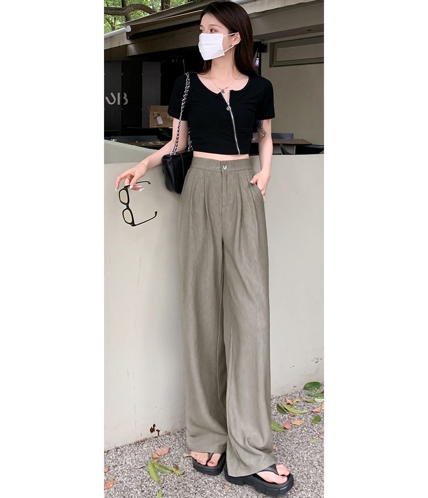 High Rise Ribbed Wide Leg Slacks SpreePicky