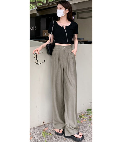 High Rise Ribbed Wide Leg Slacks SpreePicky