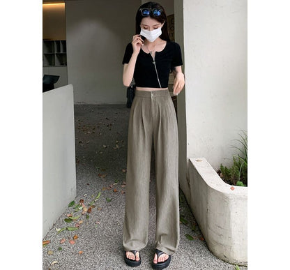 High Rise Ribbed Wide Leg Slacks SpreePicky