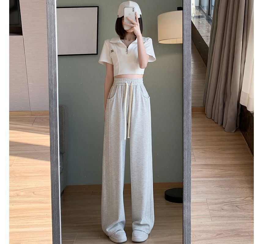 Drawstring Waist Plain Wide Leg Sweatpants SpreePicky