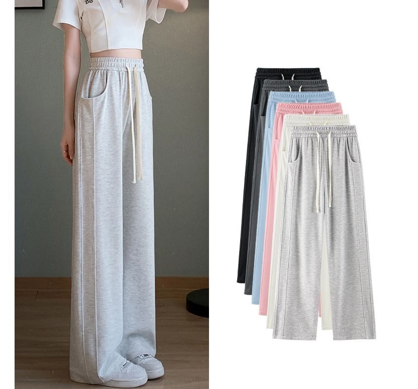 Drawstring Waist Plain Wide Leg Sweatpants SpreePicky