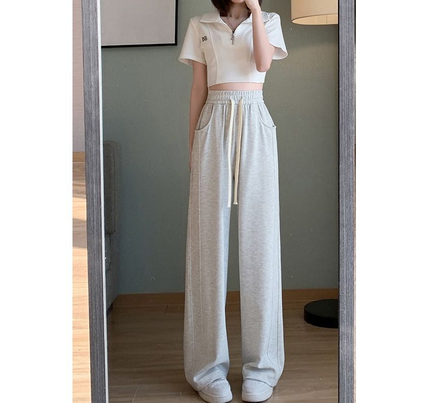 Drawstring Waist Plain Wide Leg Sweatpants SpreePicky