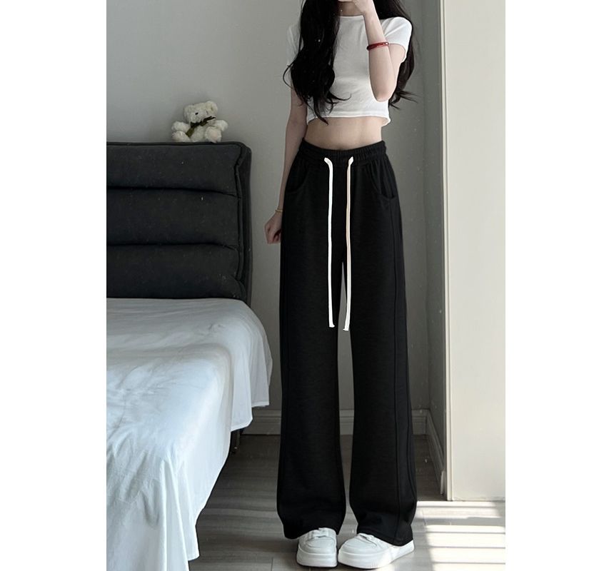 Drawstring Waist Plain Wide Leg Sweatpants SpreePicky