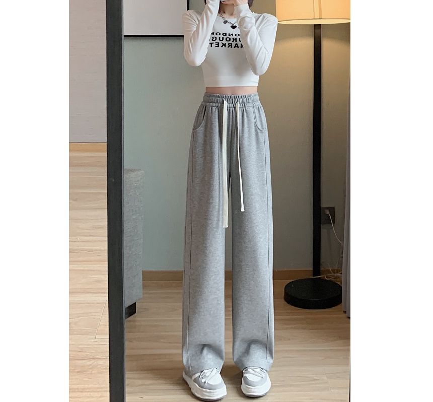 Drawstring Waist Plain Wide Leg Sweatpants SpreePicky