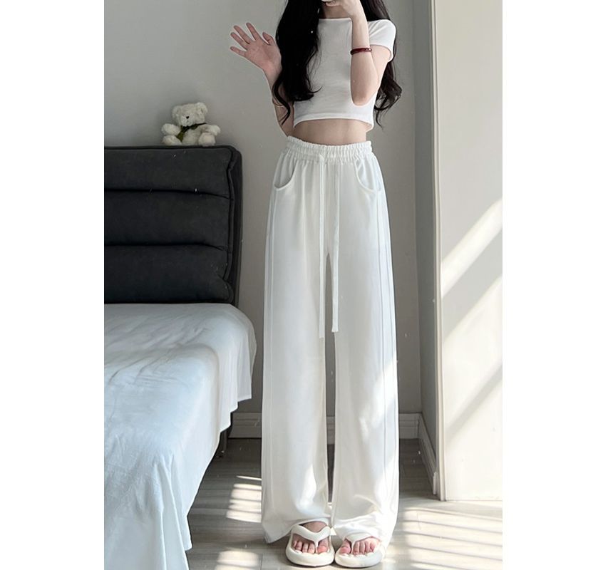 Drawstring Waist Plain Wide Leg Sweatpants SpreePicky