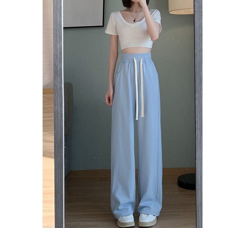 Drawstring Waist Plain Wide Leg Sweatpants SpreePicky