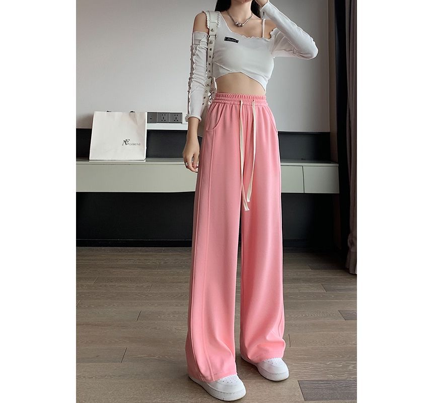 Drawstring Waist Plain Wide Leg Sweatpants SpreePicky