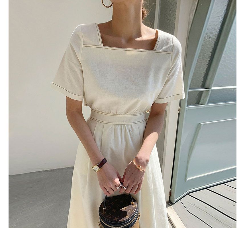 Short-Sleeve Square Neck Contrast Stitching Open Back Midi A-Line Dress SpreePicky