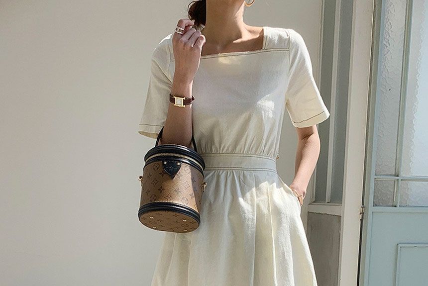 Short-Sleeve Square Neck Contrast Stitching Open Back Midi A-Line Dress SpreePicky