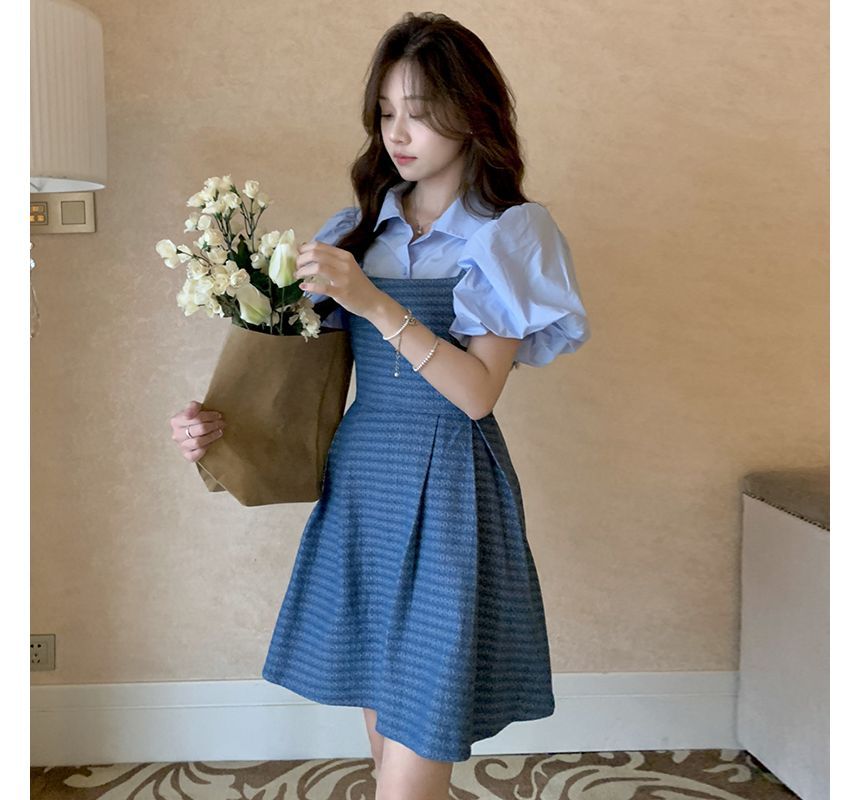 Puff-Sleeve Plain Blouse / Spaghetti Strap Square Neck Striped Denim Mini A-Line Dress SpreePicky