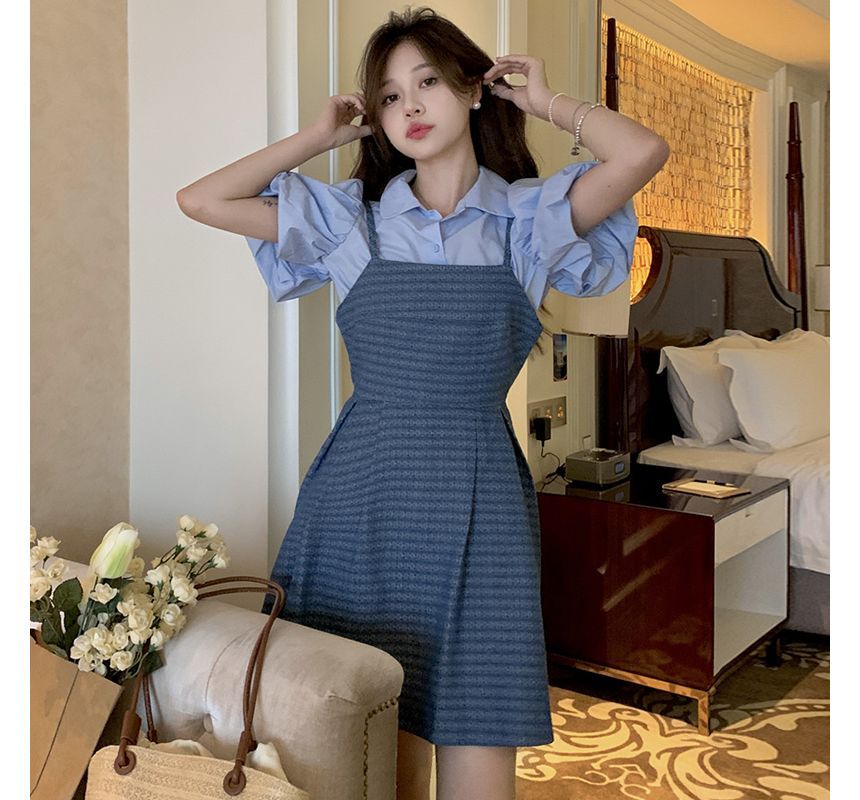 Puff-Sleeve Plain Blouse / Spaghetti Strap Square Neck Striped Denim Mini A-Line Dress SpreePicky