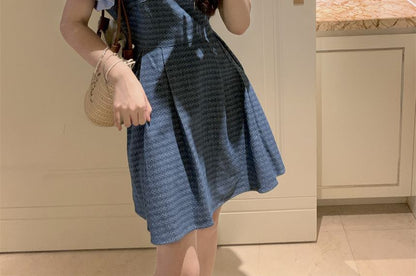 Puff-Sleeve Plain Blouse / Spaghetti Strap Square Neck Striped Denim Mini A-Line Dress SpreePicky