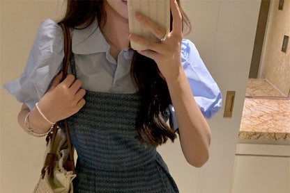 Puff-Sleeve Plain Blouse / Spaghetti Strap Square Neck Striped Denim Mini A-Line Dress SpreePicky