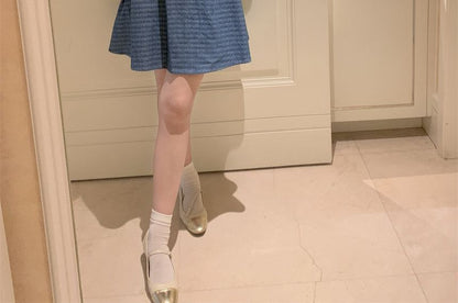 Puff-Sleeve Plain Blouse / Spaghetti Strap Square Neck Striped Denim Mini A-Line Dress SpreePicky