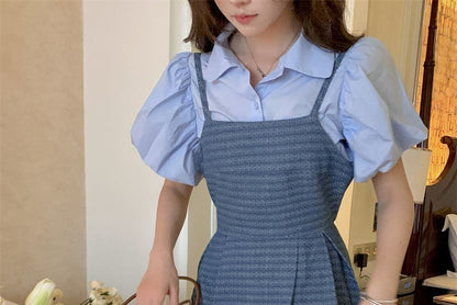 Puff-Sleeve Plain Blouse / Spaghetti Strap Square Neck Striped Denim Mini A-Line Dress SpreePicky