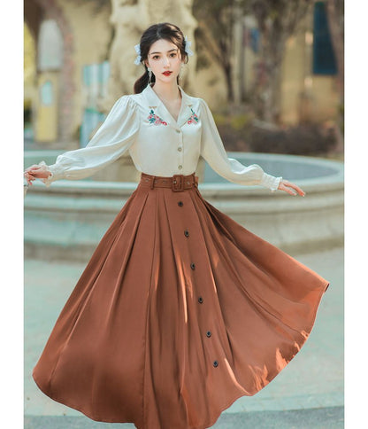 Long-Sleeve Collared Floral Embroidered Blouse / High Waist Plain Pleated Belted Midi A-Line Skirt / Set SpreePicky