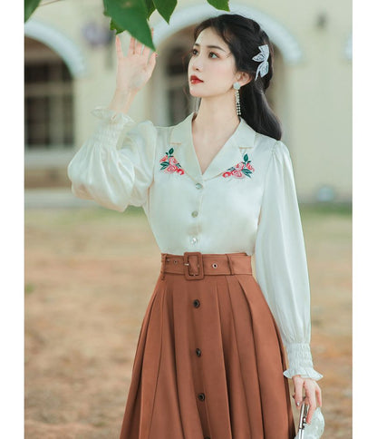 Long-Sleeve Collared Floral Embroidered Blouse / High Waist Plain Pleated Belted Midi A-Line Skirt / Set SpreePicky