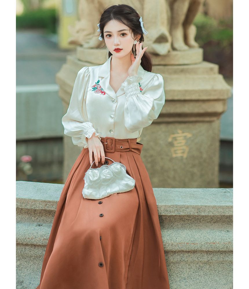 Long-Sleeve Collared Floral Embroidered Blouse / High Waist Plain Pleated Belted Midi A-Line Skirt / Set SpreePicky