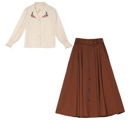 Long-Sleeve Collared Floral Embroidered Blouse / High Waist Plain Pleated Belted Midi A-Line Skirt / Set SpreePicky