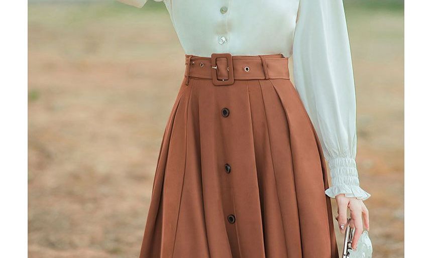 Long-Sleeve Collared Floral Embroidered Blouse / High Waist Plain Pleated Belted Midi A-Line Skirt / Set SpreePicky