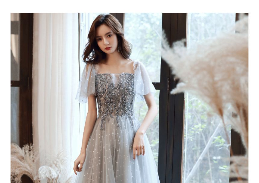 Cap-Sleeve Sequin Mesh Panel A-Line Evening Gown / Midi Dress SpreePicky