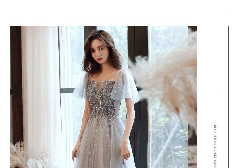 Cap-Sleeve Sequin Mesh Panel A-Line Evening Gown / Midi Dress SpreePicky