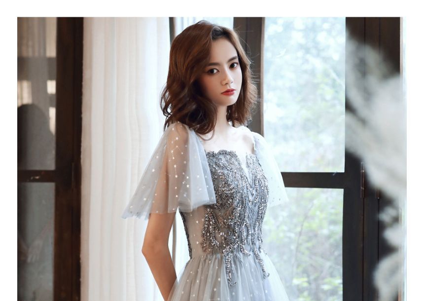 Cap-Sleeve Sequin Mesh Panel A-Line Evening Gown / Midi Dress SpreePicky