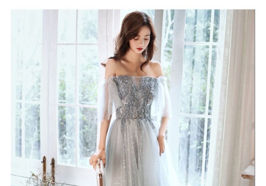 Cap-Sleeve Sequin Mesh Panel A-Line Evening Gown / Midi Dress SpreePicky