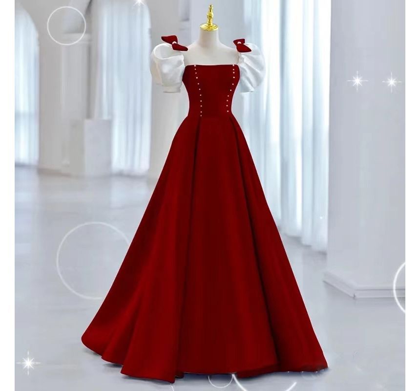 Puff-Sleeve Two Tone Bow A-Line Evening Gown SpreePicky