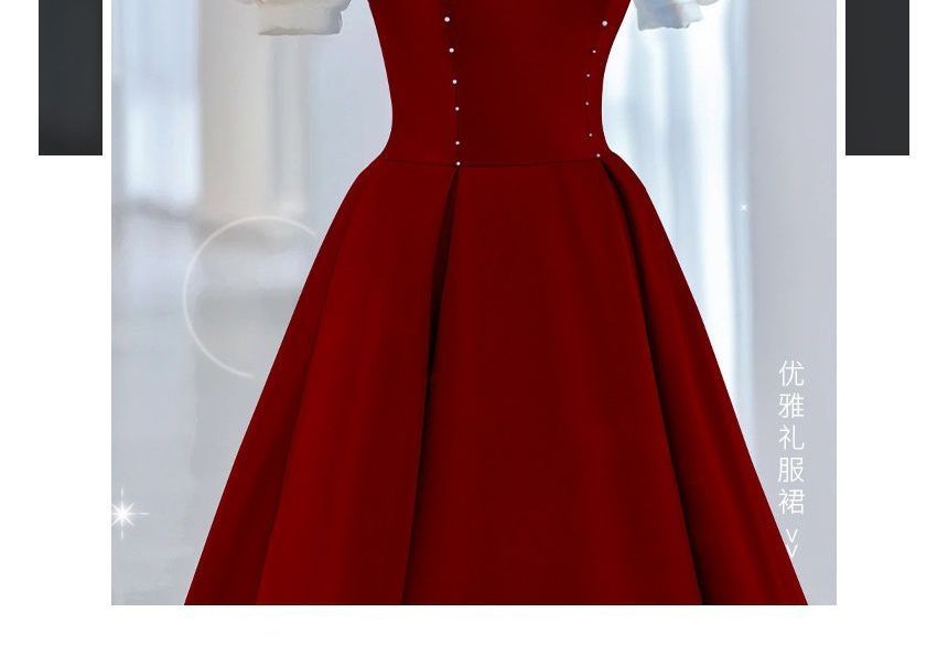 Puff-Sleeve Two Tone Bow A-Line Evening Gown SpreePicky