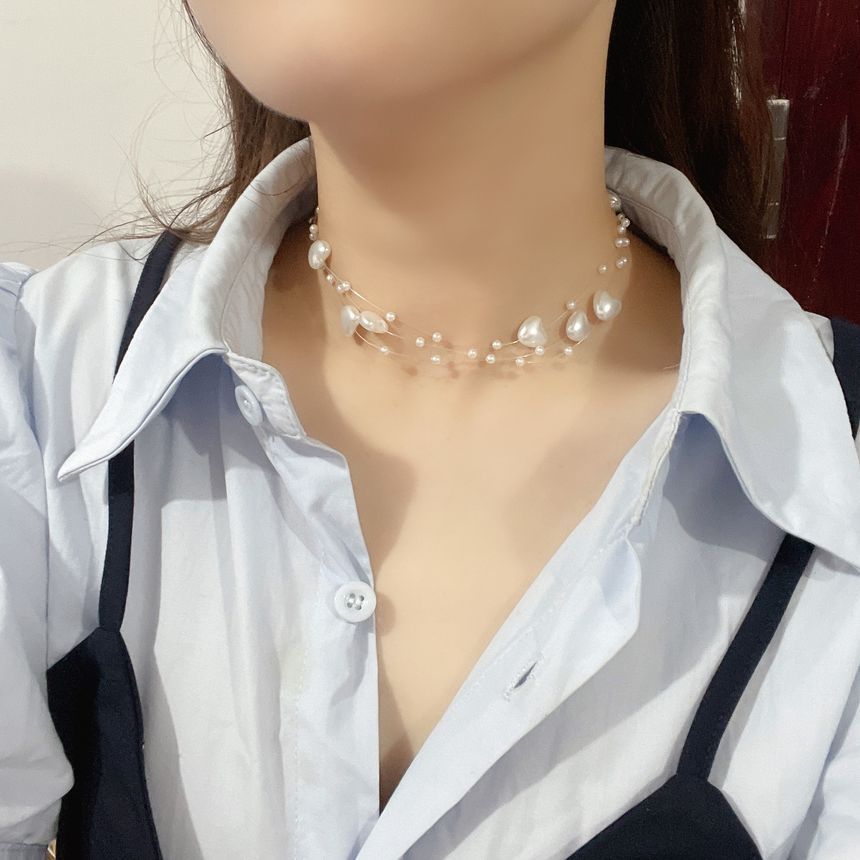 Heart Faux Pearl Layered Fish Line Choker SpreePicky