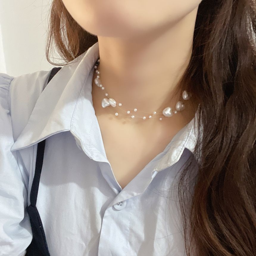 Heart Faux Pearl Layered Fish Line Choker SpreePicky